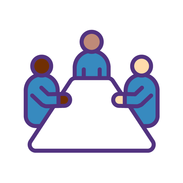 Three simplified human figures sit at a table.