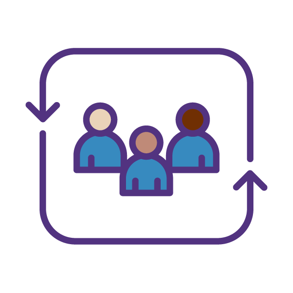 Three simplified human figures surrounded by two arrows forming a circular motion.
