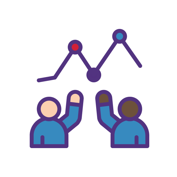 Two simplefied human figures point to a chart.