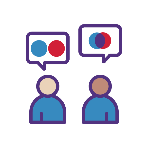 Two simplified human figures facing each other with speech bubbles above them, suggesting a conversation.